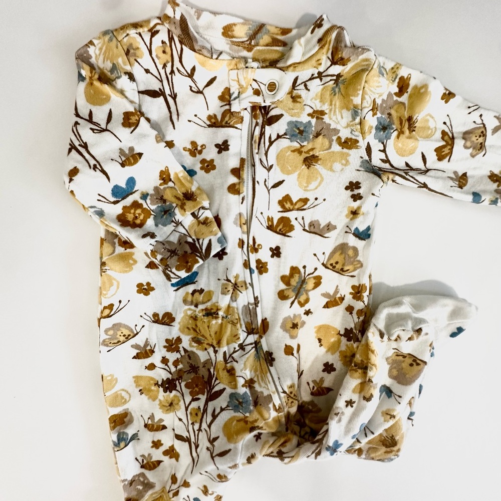 Floral Baby Footed Zipper Sleepwear - Mustard & Blue Flowers